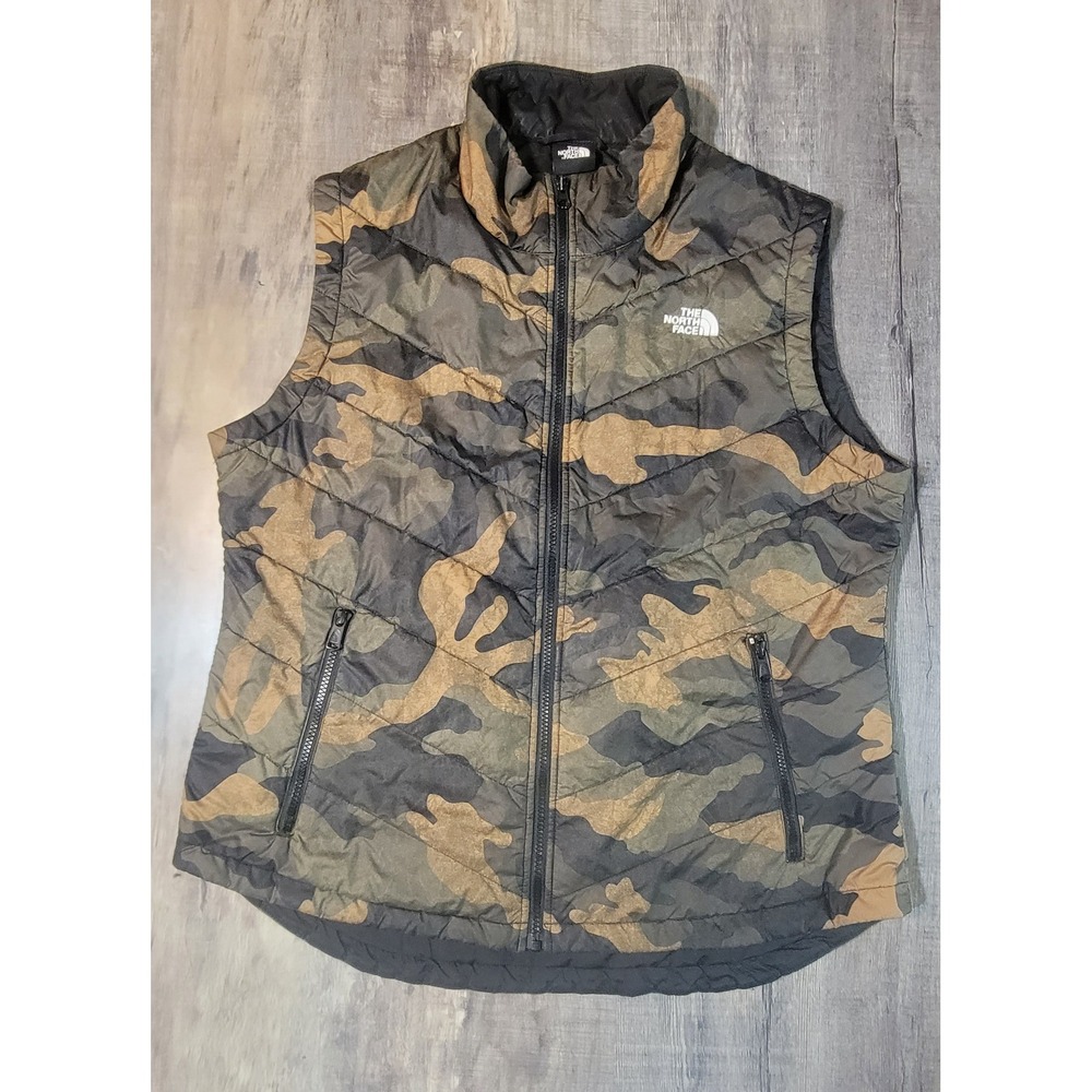 The North Face Womens Camo Puffer Vest XL Green Brown Full Zip Quilted Insulated